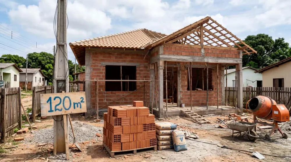 Casa residencial em fase final de construção com fachada em massa corrida cinza e telhado embutido