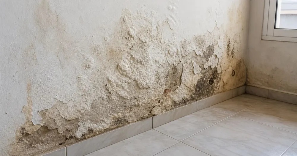 Parede interna com mancha de infiltração, tinta descascando e mofo escuro próximo ao rodapé