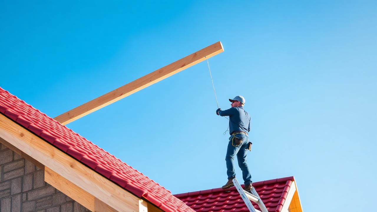 Pedreiro construindo telhado de madeira com telhas cerâmicas em casa residencial sob céu azul